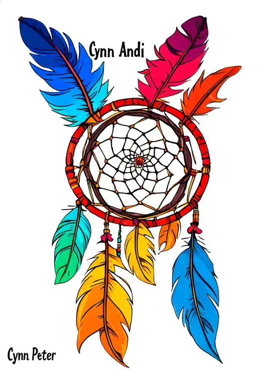 Stacked Names Cynn Andi Peter in a circle to be used in a Dream Catcher with 3 color feathers tattoo design idea