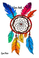 Stacked Names Cynn Andi Peter in a circle to be used in a Dream Catcher with 3 color feathers tattoo design idea