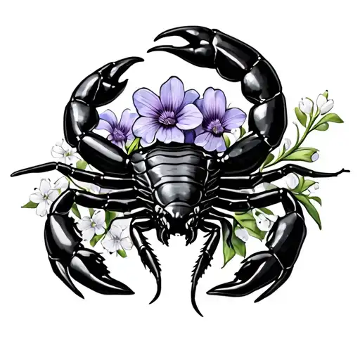 large scorpion with violets, primroses, aster, morning glory, lily of the valley, hawthorne, poppy, gladiolus flower  tattoo design idea