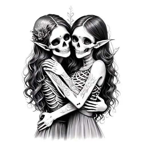 skeleton and elf girl hugging tattoo design idea