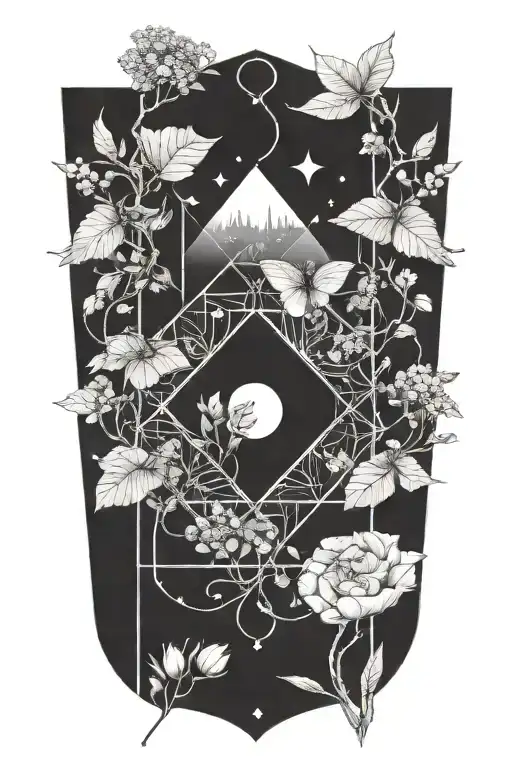 A tattoo design combining elements of nature and sacred geometry, with a focus on personal growth and self-discovery tattoo design idea