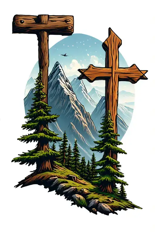 2 mountains with a wooden cross inbetween the mountains and 7 pine trees at the bottom  tattoo design idea