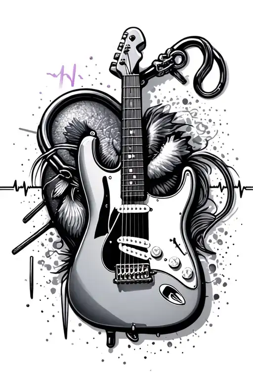 fender stratocaster, fishing hook charm, ps5 controller, heartbeat tattoo design idea