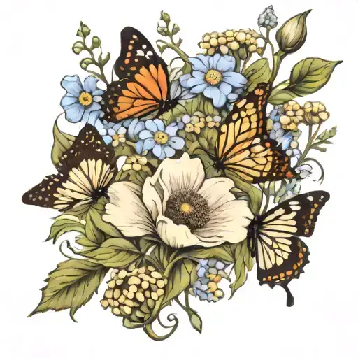 ankle/ leg going up the leg, wildflower ideas, with butterflies and bees, comos,poppys pans, forget me not, cornflower,  tattoo design idea