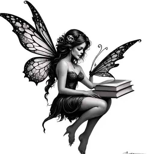 fairy with skulls and books tattoo design idea