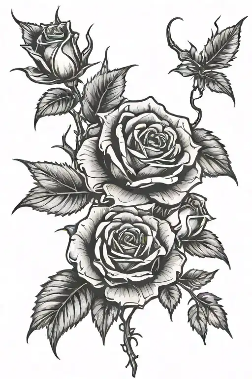 thorns with 3 roses on them all 3 of them with a different name of mia mom and dad tattoo design idea