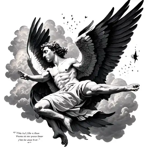 a falling Icarus tattoo with clouds surrounding and a small bible verse  tattoo design idea