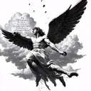 a falling Icarus tattoo with clouds surrounding and a small bible verse  tattoo design idea