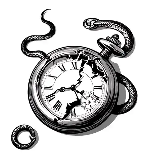 elegant retro pocket watch broken with a crack, with a snake coming out from inside. tattoo design idea