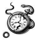 elegant retro pocket watch broken with a crack, with a snake coming out from inside. tattoo design idea
