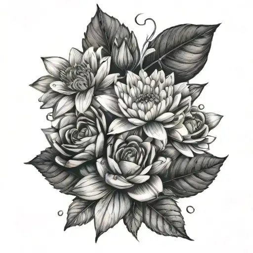 Daisy, water lily and rose bouquet with stem tied together with a ribbon fine line tattoo design idea
