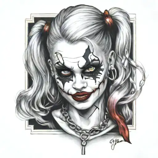 framed by a harley quinn style woman tattoo design idea