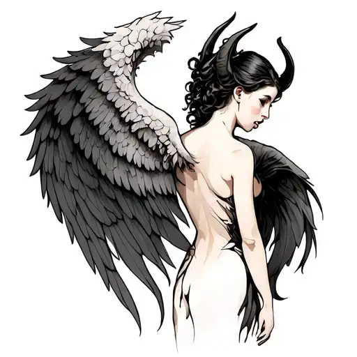 On the back. Two wings, demon and angel tattoo design idea