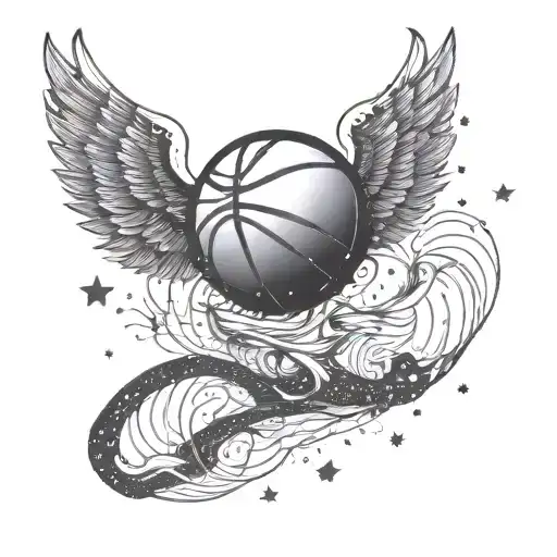 A basketball with wings flying through a starry sky tattoo design idea