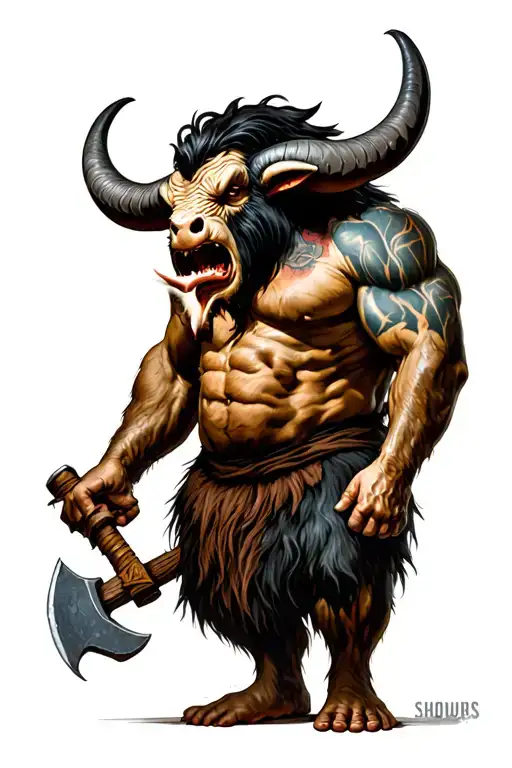 minotaur standing on 2 legs with an axe in hand and snorting tattoo design idea