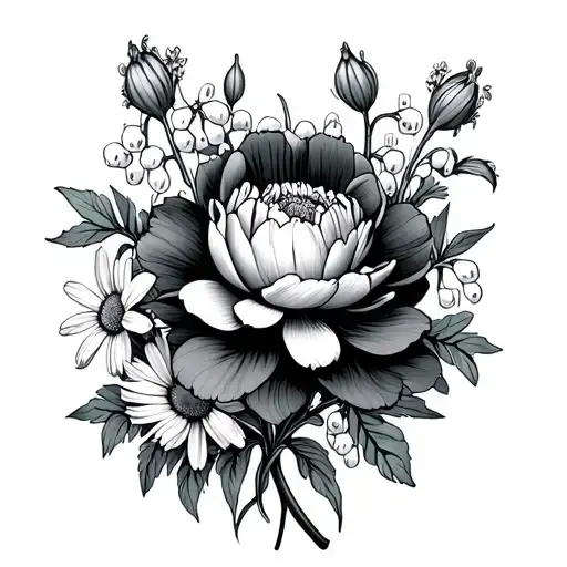 Larkspur flower, peony flower, sweet pea flower, aster flower surrounded by lots of lily of the valley flowers  tattoo design idea