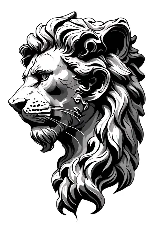 hercules head  in a head of a lion looks like an old statue with cracks tattoo design idea