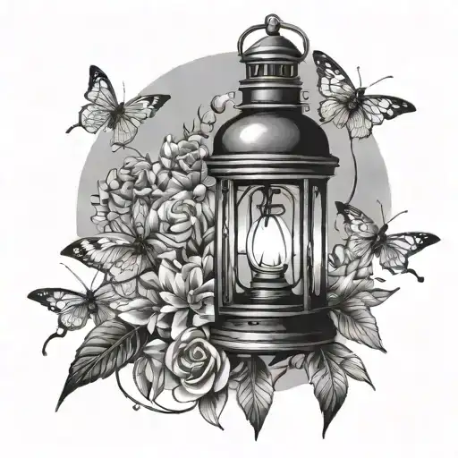 lantern and moths flying tattoo design idea