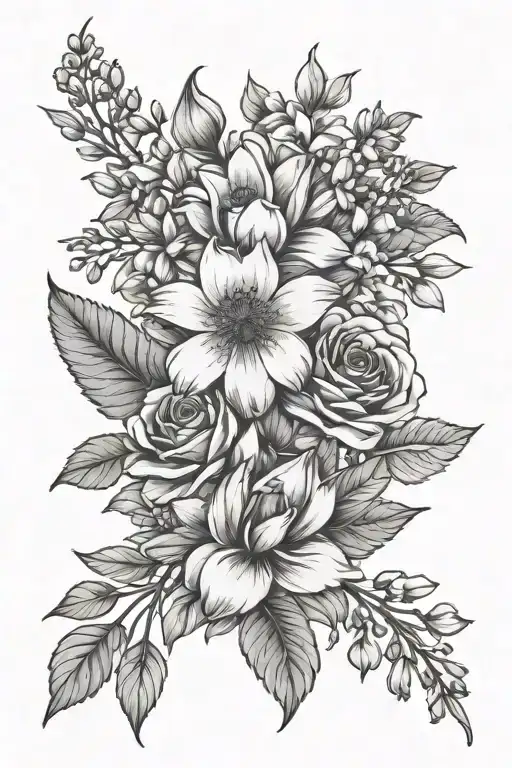 april, august, september birth flower bouquet tattoo design idea