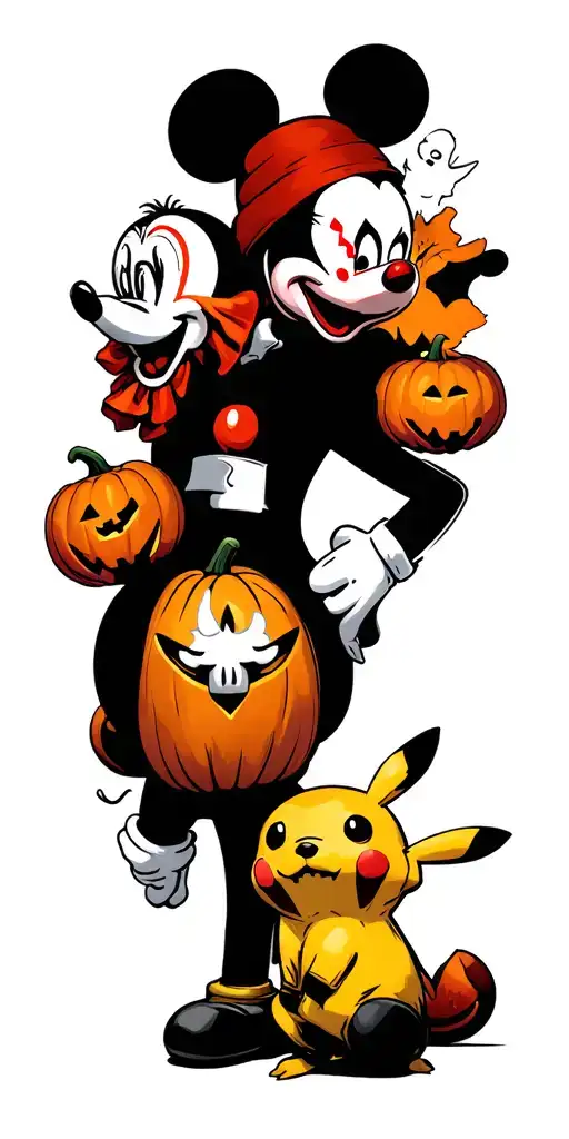 Mickey Mouse and pikachu with clown makeup, playing with pennywise and ghost face during Halloween with pumpkins  tattoo design idea
