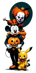 Mickey Mouse and pikachu with clown makeup, playing with pennywise and ghost face during Halloween with pumpkins  tattoo design idea