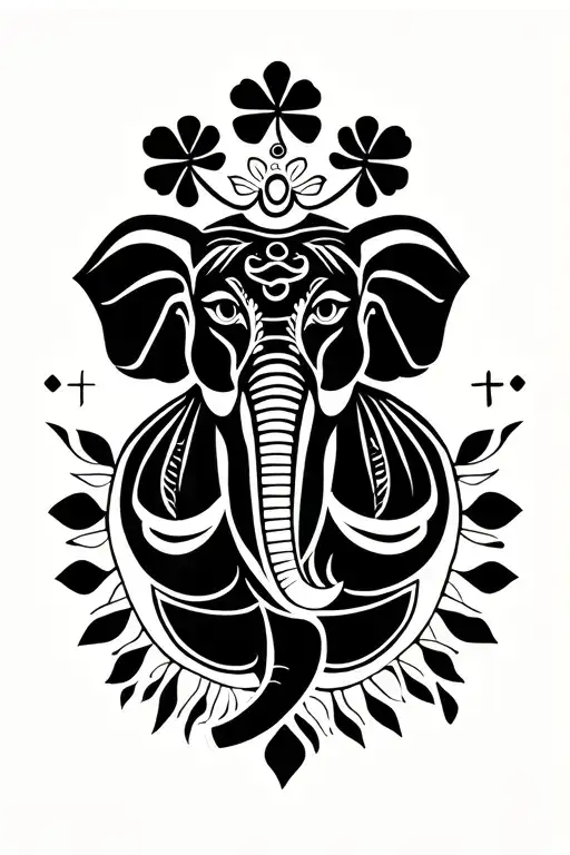 Humsa, Clover, Elephant with trunk raised, Air element, Om symbol  tattoo design idea