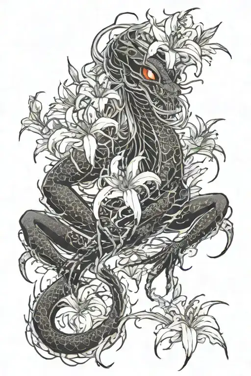 Spider lily flowers blooming, dragon whole body tattoo design idea