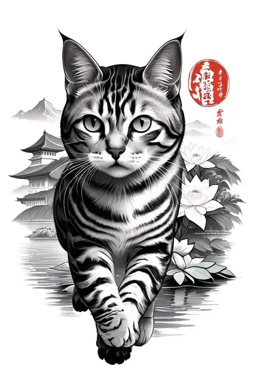 A striped cat walking along the mountain Taishan, at the top of the Chinese temple, at the foot of the river with lotuses, Sakura tattoo design idea