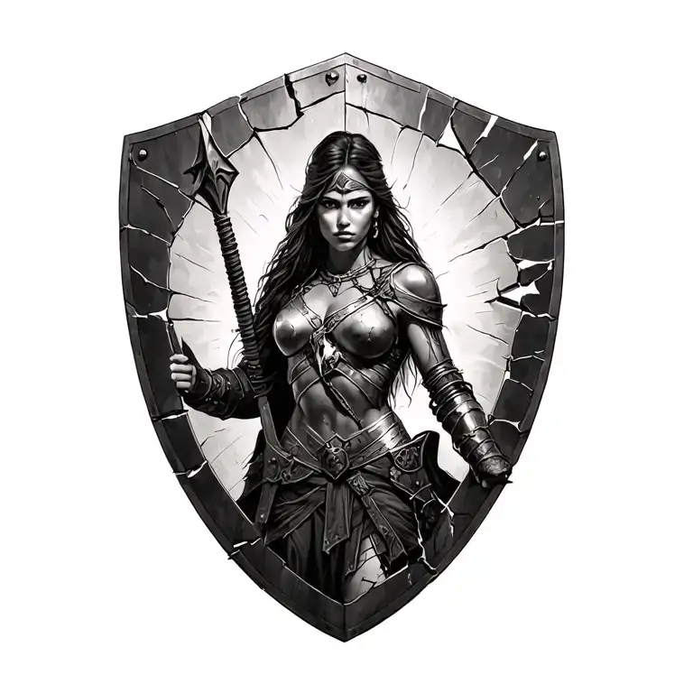 black and white spartin woman warrior with cracked battle shield tattoo design idea