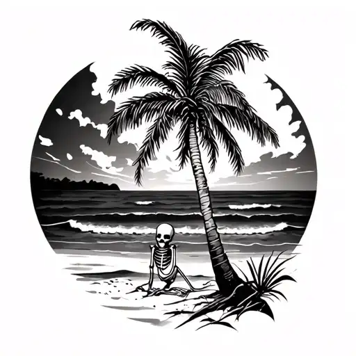 palm tree in the beach with a skeleton leaning against it tattoo design idea