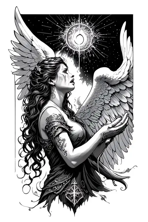 Female angel warrior crying surrendering looking up god and holly spirit looking down at her tattoo design idea