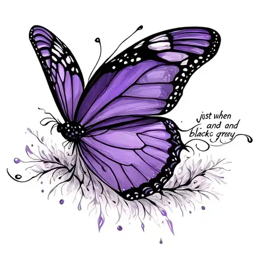 can you draw me a tattoo idea for my foot of a purple butterfly flying with a trail that has words that says "just when  tattoo design idea