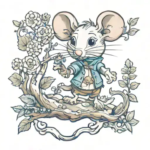 An imaginative tattoo of a mouse exploring a magical forest, reflecting the client's passion for whimsical and enchanting themes tattoo design idea