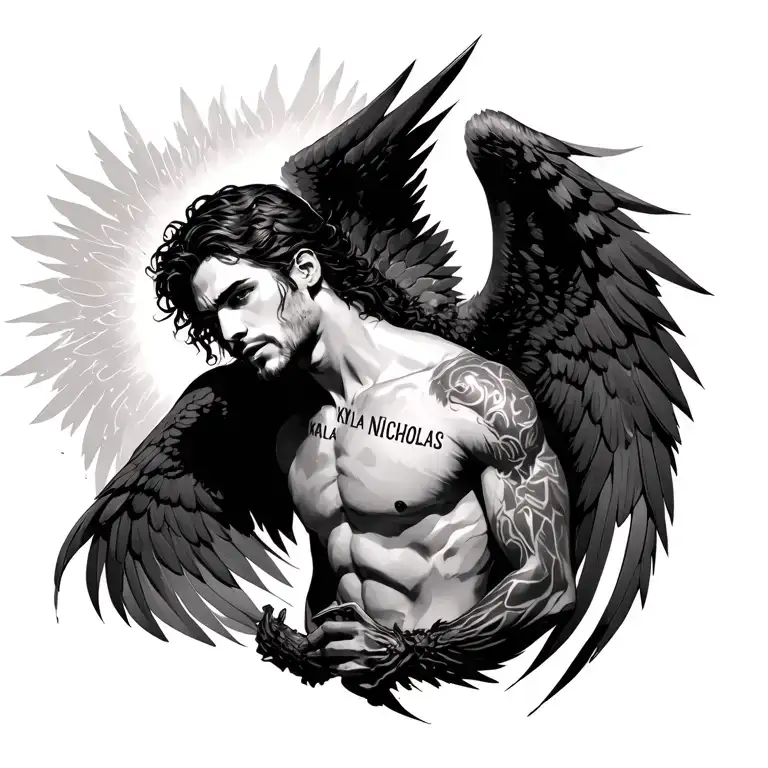 Male Dark Angel with a shadowy wings full length, facing foward. Add names KAYLA and NICHOLAS to image. tattoo design idea