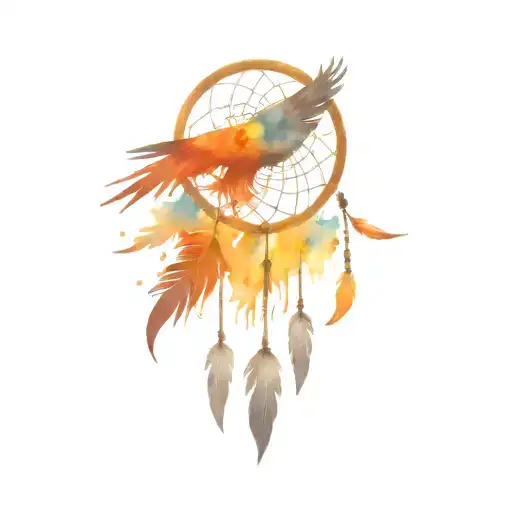 colorful dreamcatcher with flock of  birds flying at its feathers and make the birds black/gray in color tattoo design idea