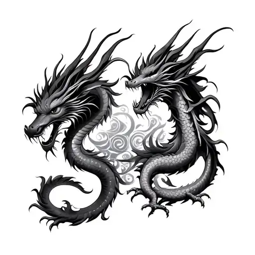 A symmetrical black and gray Japanese-style backpiece tattoo design featuring two intricately detailed dragons.  tattoo design idea