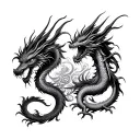 A symmetrical black and gray Japanese-style backpiece tattoo design featuring two intricately detailed dragons.  tattoo design idea