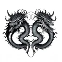 A symmetrical black and gray Japanese-style backpiece tattoo design featuring two intricately detailed dragons.  tattoo design idea