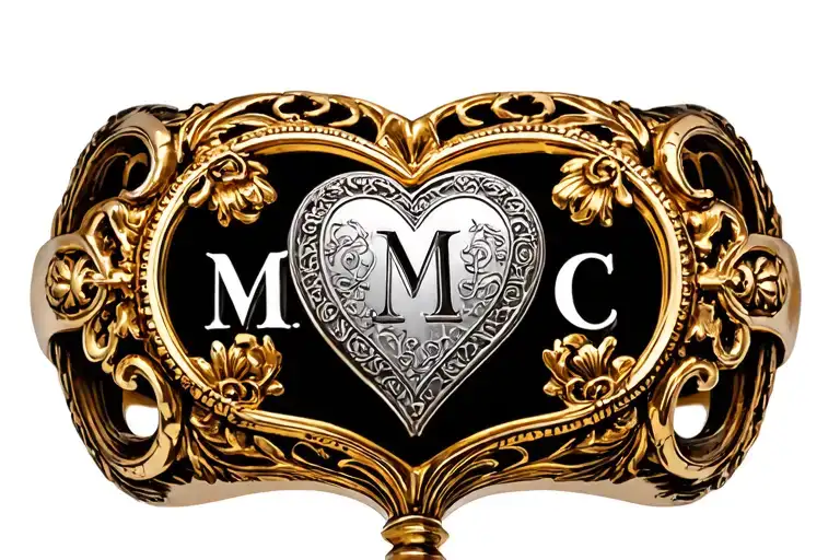 Key of the royal chapel of the Palace of Versailles with the initials M and C in the heart of the ring in a baroque style tattoo design idea