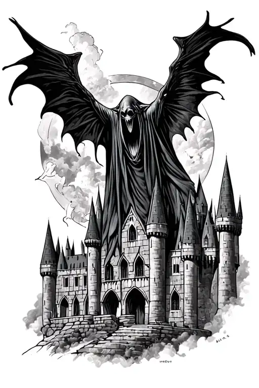 dementor flying over hogwarts castle tattoo design idea