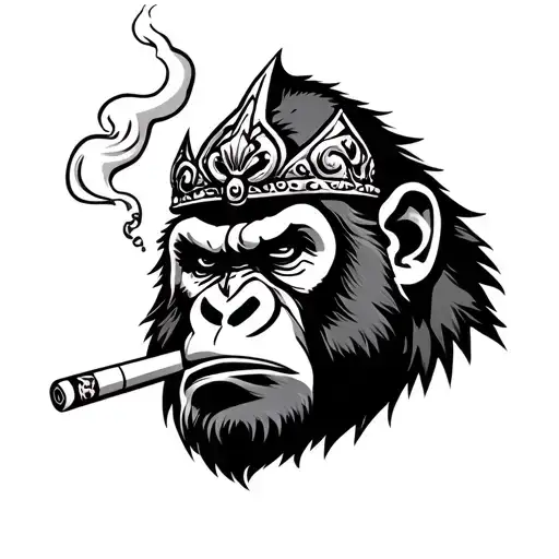 black and white angry crowned gorilla face smoking cigarette with rising smoke tattoo design idea