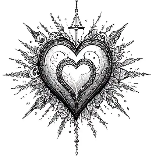 ethereal heart surrounded by symbols representing love, truth, honor, wisdom, friendship, courage and justice tattoo design idea