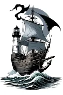 vessel, anchor, waves and lighthouse guiding tattoo design idea