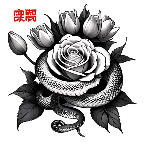 reese in chinese with a rose tulips and snake  tattoo design idea