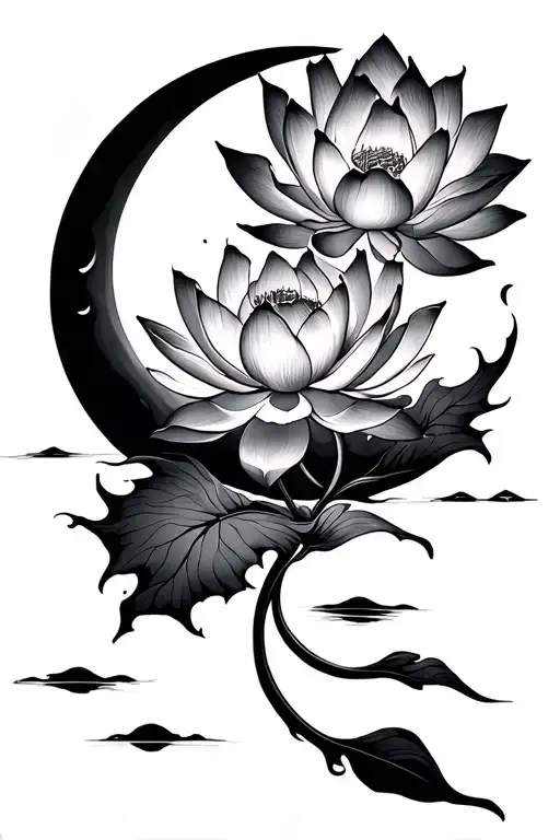 lotus blooming in moon surrounded tattoo design idea