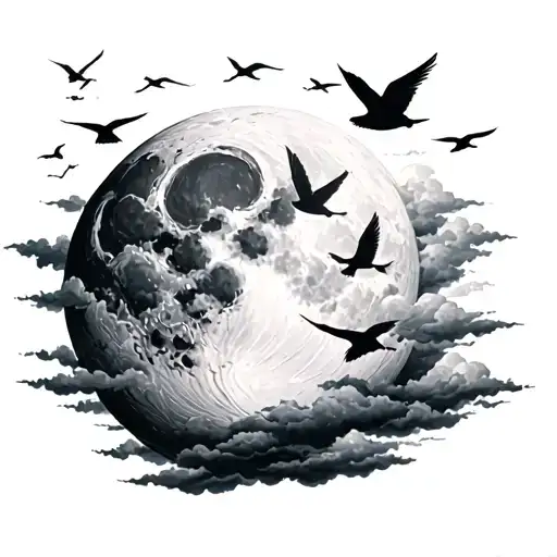 moon covered by clouds with birds flying and xo till we overdose tattoo design idea