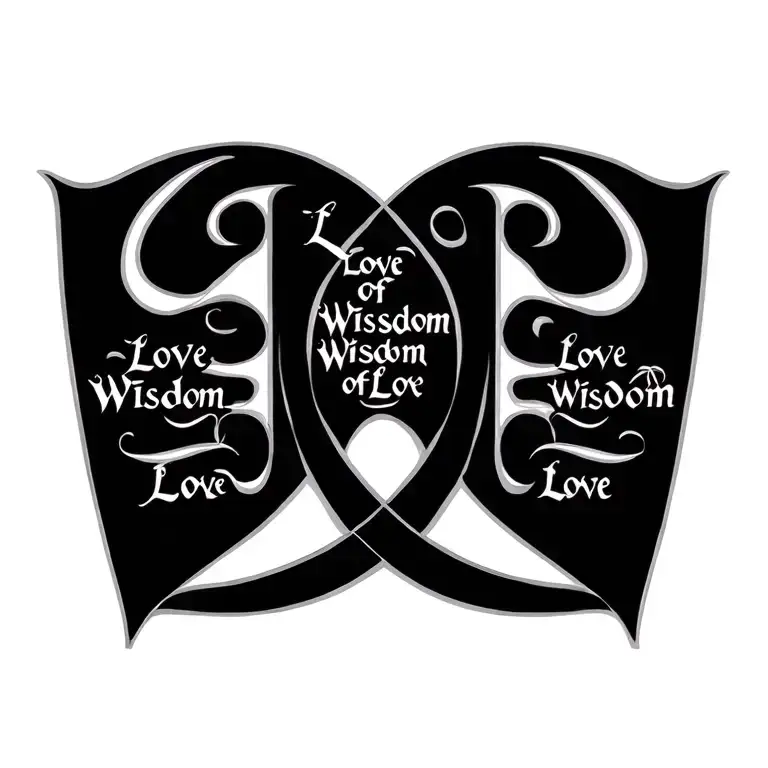 Mirror ambigram, in the style of a Sak Yant Buddhist tattoo, that says the words 'Love of Wisdom, Wisdom of Love' tattoo design idea