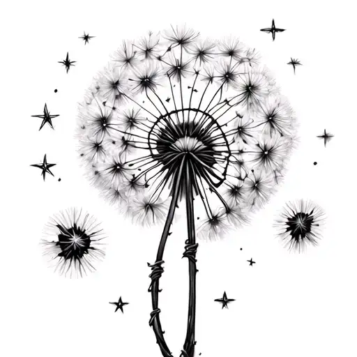 Tiny stars connected by a thread, tangled and twisting into a small knot, from which a little dandelion begins to grow tattoo design idea