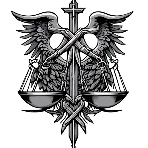 cross scale of justice intertwined tattoo design idea