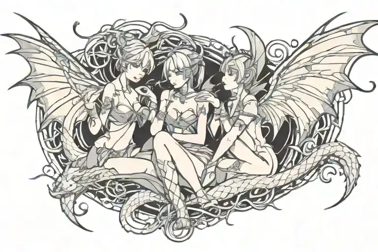 Dragons and sexy fairies intertwined within tattoo design idea